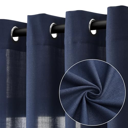 Navy Blue Linen Curtains 84 Inch Length 2 Panels for Living Room Bedroom, Light Filtering Sheer Curtains 84 Inches, Elegant Modern Grommet Semi Sheer Soft Privacy Drapes