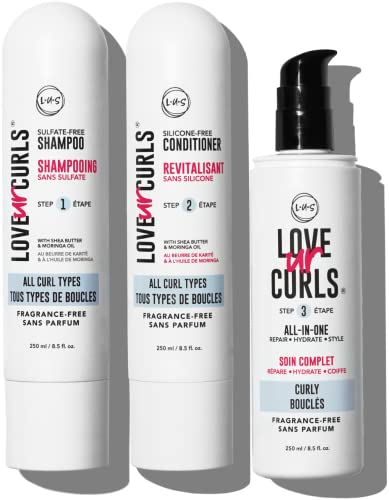 LUS Brands Love Ur Curls for Curly Hair, Fragrance-Free 3-Step System - Shampoo and Conditioner Set with All-in-One Styler - LUS Curls Hair Products - No Crunch, Nonsticky, Clean, Unscented - 8.5oz each