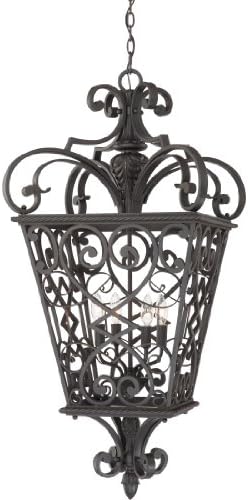 Quoizel Fort Quinn Outdoor Pendant Lighting, 19 Inch 4-Light Marcado Black Chandelier Lantern with Intricate Scrollwork, 60W, Max Hanging Height 142.5", Ceiling Light for Porch, Gazebo or Driveway