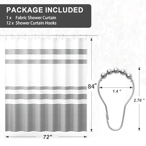 Image of AmazerBath Shower Curtain, Striped Black Fabric Shower Curtain Set with 12 Shower Curtain Hooks, Rustic Cloth Black and White Curtain, Farmhouse Bathroom Shower Curtain Sets, 72x84 Inches