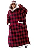 ORANDESIGNE Pull Plaide Geant Unisexe Couverture Polaire Sweats à Capuche avec Poches Long Sweater en Polaire Sherpa Surdimensionnée Hooded Begummy Sweatshirt A Rouge 01 Taille Unique