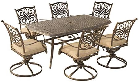 Hanover Traditions 7-Piece Patio Dining Set with 6 Swivel Rocker Chairs, Tan Cushions and Large 38"x72" Dining Table, Outdoor Dining Set for 6, Premium Weather Resistant Patio Furniture