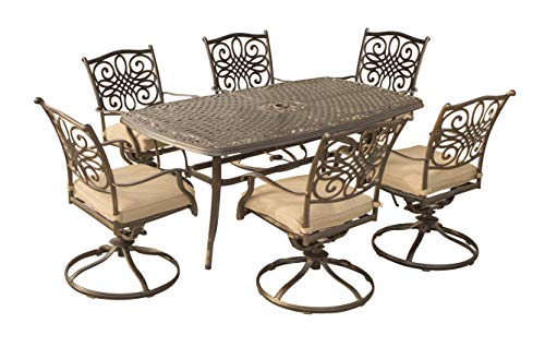 Hanover Traditions 7-Piece Patio Dining Set with 6 Swivel Rocker Chairs, Tan Cushions and Large 38"x72" Dining Table, Outdoor Dining Set for 6, Premium Weather Resistant Patio Furniture