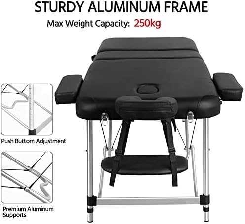 Yaheetech Massage Table 70cm Width Beauty Couch Bed Adjustable 3 Fold Massage Bed Portable Salon Bed Round Corner with Face Hole Professional Physical Therapy Table Black