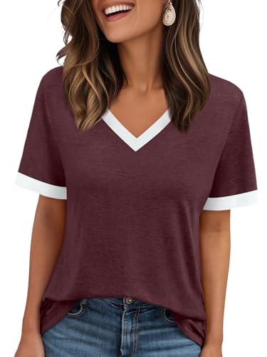 AUTOMET Womens Short Sleeve T-Shirts Summer Tops Casual Soft Tunic V Neck Basic Tees Workout Clothes Spring Fashion Outfits 2025 WineRed L