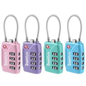 SharkByte TSA Approved Suitcase Locks – 4-Dial Security Travel Combination Padlock, Flexible Cable Wire Travel Lock for Suitcases, Luggage locks, Case Travel Bag Gym Locker Code Small PadLock (4 Pack)