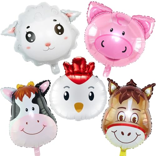 XLENGO 5 PCS Farm Animal Balloons, Cow Donkey Sheep Pig Chicken Foil Mylar Balloon for Baby Shower Farm Birthday Party Decorations Supplies