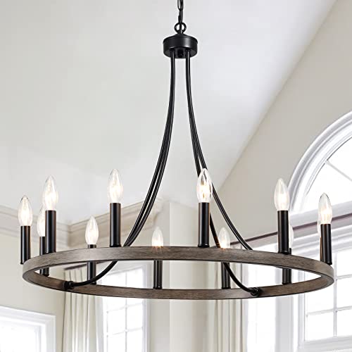 Kostomo Black Chandelier Wagon Wheel Chandeliers 12-Lights Farmhouse Chandeliers For Dining Room Light Fixture For Kitchen Island Light Foyer Outdoor Chandelier #TOP6