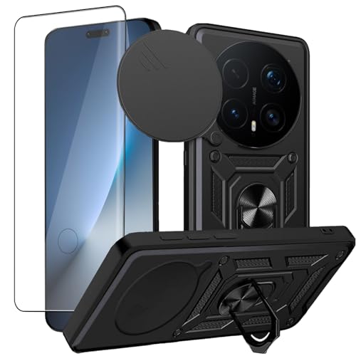 Case for Honor Magic 8 Pro Phone Case with Tempered Glass Screen Protector,Dropproof Cell Phone Cover with Kickstand & Slide -Black