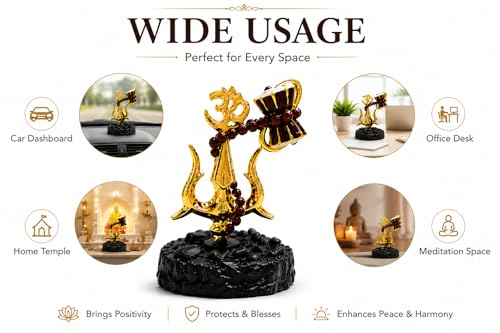 Image of Trishul Damroo Idol with Original Rudraksha Beads | Lord Shiva Symbol Murti for Car Dashboard, Home Decor & Office Table | Spiritual Gift for Pooja, Housewarming & Festive Use