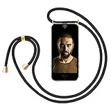 ZhinkArts Handykette kompatibel mit Apple iPhone 5 / 5S / SE (2016) - Smartphone Necklace Hülle mit Band - Handyhülle Case mit Kette zum umhängen in Schwarz - Gold