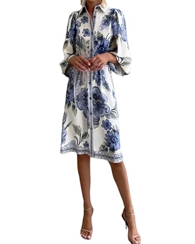 AUMORA Women's Elegant French Lantern Sleeve Notched Collar Printed Dress