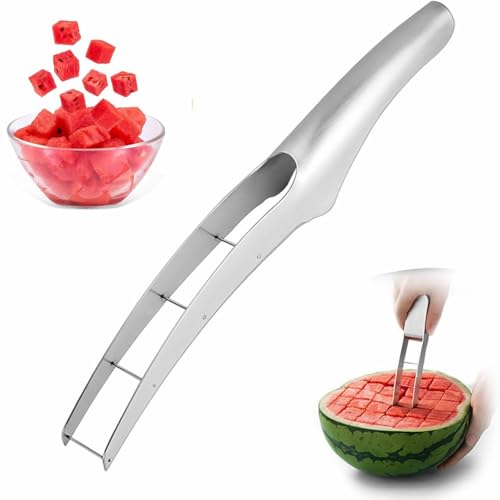 Melonenschneider Edelstahl Wassermelonen Schneider Wassermelonenmesser Multifunktionales Fruchtmesser Melonen Würfel Wassermelonen Messer Obstschneider für Cantaloupe Papaya Drachenfrucht