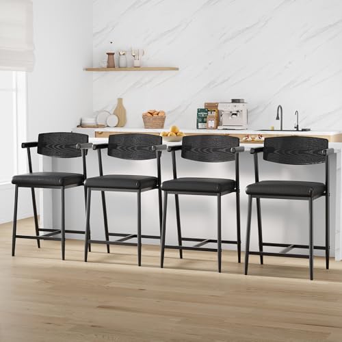 Image of GarveeHome Counter Height Bar Stools Set of 2 with Arms, 26 in Upholstered Modern Bar Stools Set with Wood Back & Footrest for Kitchen Island, Counter Bar, Wider Seat, Easy Assembly,Retro Black