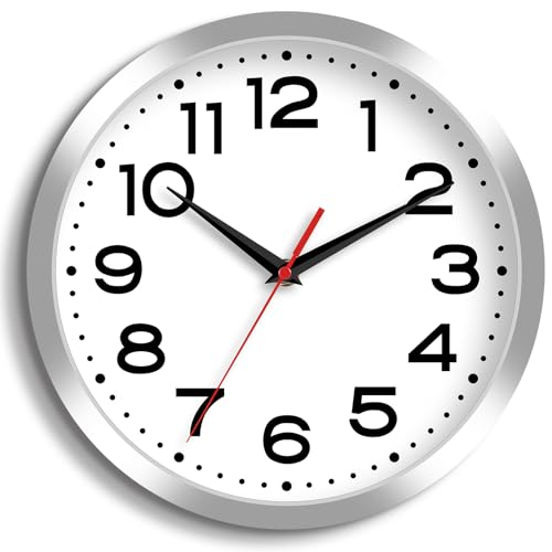 Image of Roymnie 8 Inch Small Wall Clock, Battery Operated Silent Non Ticking Silver | analog wall clock; bold numerals for easy reading; silent non-ticking; 1 AA battery (not included); for classroom