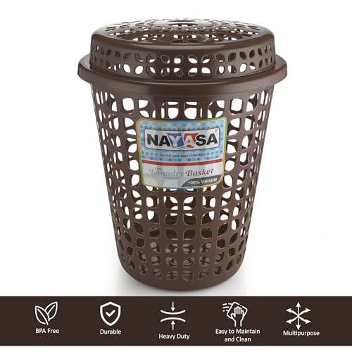 Image of Nayasa Plastic Laundry Basket with Lid - 44 Ltrs | Ventilated Clothes Hamper with Easy-Grip Handles | Clothes & Toy Storage Organizer |(Round Petal) Brown