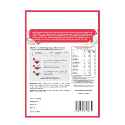 Image of Food Earth Tikka Masala Simmer Sauce - Authentic Indian Curry Base with Creamy Tomato & Spices - No Added Preservatives - 300g Pouch (Serves 2-3) | Pack of 2