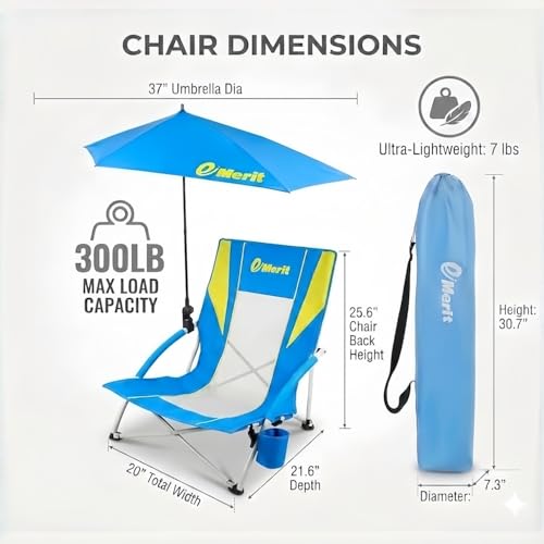 Image of EMERIT Beach Chair with 360 Adjustable UPF 50+ Umbrella, 300 lbs Heavy Duty Capacity Low Profile Sand Chair, 7 lbs Lightweight Backpack Folding Chair for Soccer Sidelines, Concerts & Camping