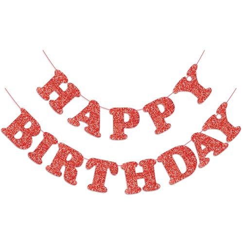 Image of Red Happy Birthday Banner Happy Birthday Bunting Garland Sign for Boys Girls Women Birthday Party Decorations Wall Hanging Background Decor Supplies