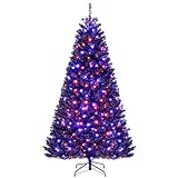 Goplus 7 FT Pre-Lit Black Christmas Tree, Artificial Hinged Halloween Tree with 380 Orange & Purple LED Lights, 6 Lighting Modes, Spooky Sounds, 1040 Branch Tips, Xmas Tree for Home Office Decoration