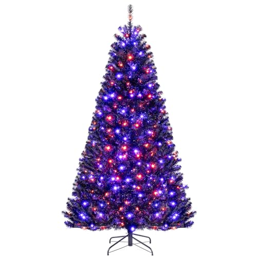 Goplus 7 FT Pre-Lit Black Christmas Tree, Artificial Hinged Halloween Tree with 380 Orange & Purple LED Lights, 6 Lighting Modes, Spooky Sounds, 1040 Branch Tips, Xmas Tree for Home Office Decoration