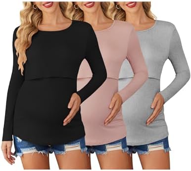 Ekouaer Stillshirt Umstandmode 3er Langarm Weich Still Top Schwangerschaft | dehnbar, atmungsaktiv, winter, kinderarztwartezimmer, café still tshirt, double layer, bequem muttersch