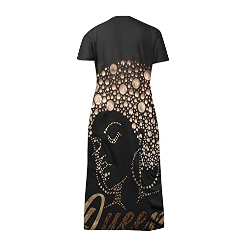 Hokcus Flowy Dresses For Women Casual Ladies V Neck Short Sleeve Dresses Cartoon Girl Printed Summer Plus Size African Dresses With Pockets 02-Black X-Large #TOP3