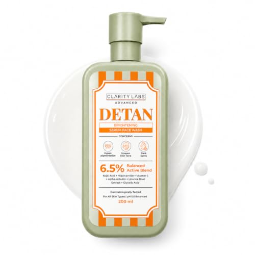Image of Detan Serum Face Wash with 6.5% Active Blend | 2% Kojic Acid, 1% Vitamin C, 1% Niacinamide, 1% Glycolic Acid, Mandelic Acid & Alpha-Arbutin | Tan Removal, Brightening, Dark Spot & Pigmentation Face Wash for Men, Women, Boys, Girls & Teens | 200ml | Clarity Labs