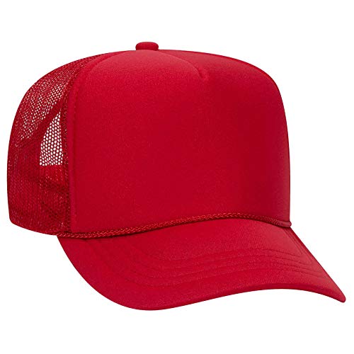 Otto Cap Youth 5 Panel High Crown Mesh Back Trucker Hat Polyester Foam Front Red