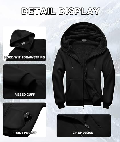 Image of V VALANCH Men Hoodies Zip Up Sherpa Lined Sweatshirts Heavyweight Thick Warm Fleece Winter Jacket