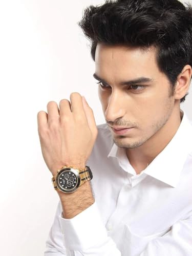 Image of Foce Men's Black & Gold Ceramic Watch - Stylish Dual-Tone Case, Black Dial with 3 Subdials (Day, Date, 24-Hour) - Model F946GGM-BLACK