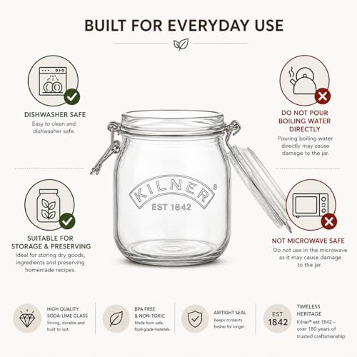 Image of Kilner Premium 500ml Round Airtight Glass Jar with Clip Top Lid for Pickles, Jams, Chutneys, Yougurt | Transparent, Reusable Multipurpose Kitchen Storage Container