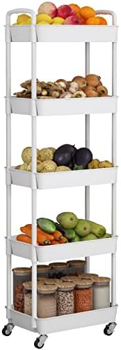 JIUYOTREE 5-Tier Rolling Storage Cart Utility Cart with Lockable Wheels for Living Room Bathroom Kitchen Office White