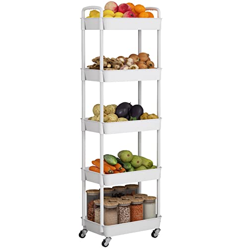 Jiuyotree 5-Tier Rolling Storage Cart Utility Cart With Lockable Wheels For Living Room Bathroom Kitchen Office White #TOP1