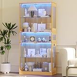 ZKIODV Display Cabinet with Glass Doors & LED Lights, 5 Tier Lighted Display Case for Figurines Collectibles, Tall Curio Storage Cabinet with Motion Sensor, 5 Shelves Living Room Wooden Bookcase (Oak)