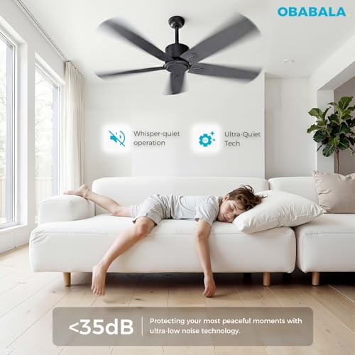 Image of Obabala 52 Inch Ceiling Fan No Light, Modern Black Ceiling Fan Without Light with Remote & APP, Quiet Reversible DC Motor, 6-Speeds, for Living Room, Bedroom, Patio