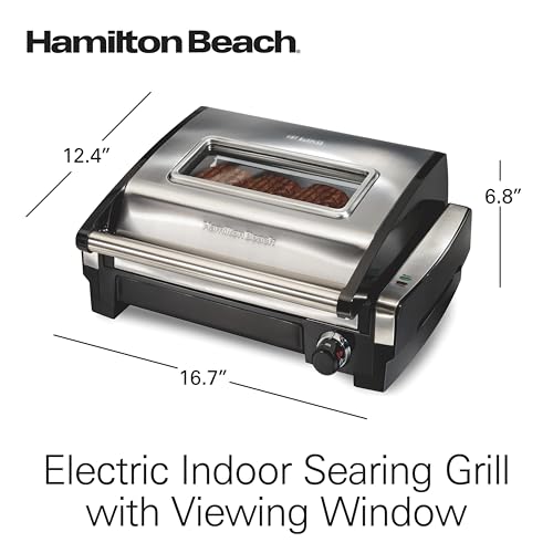 Hamilton Beach Electric Indoor Searing Grill with Viewing Window & Adjustable Temperature Control to 450F, 118 sq. in. Surface Serves 6, PFAS-Free Removable Nonstick Grate, Stainless Steel