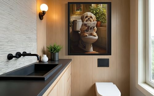 Image of Shih Tzu on Toilet Black Framed Wall Art Print Poster, Dog Bathroom Humor Decor Posters Prints for Restroom Home Picture Painting Artwork Gallery 7 (Shih Tzu, 10 inchL x 8 inchW, Black Frame)