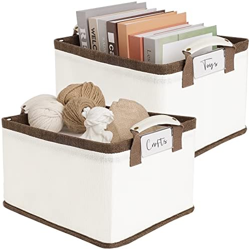 LoforHoney Home Collapsible Storage Bins with Metal Frames, Fabric Storage Baskets for Clothing, Shelf Baskets for Organizing, Closet Storage Bins for Organization, Large, Beige & Brown, 2-Pack