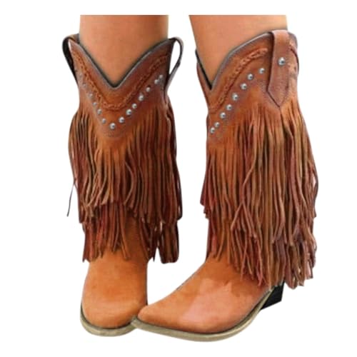 Fringe Cowboy Boots For Women Mid Heels Fringe Vintage Tassel Square Toe Western Cowgirls Boots Ethnic Retro Rivet Slip On Wide Mid Calf Knight Riding Ankle Dress Ankle Booties2