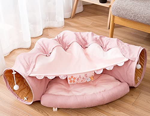 Image of 2 in 1 Cat Tunnel Bed Tube with Cushion and Plush Ball Toy Playground Crinkle Collapsible for Large Cats Kittens Kitty Puppy Small Dog Foldable Soft Pet Play Bed Indoor Outdoor- Pink Cat Tunnel Bed