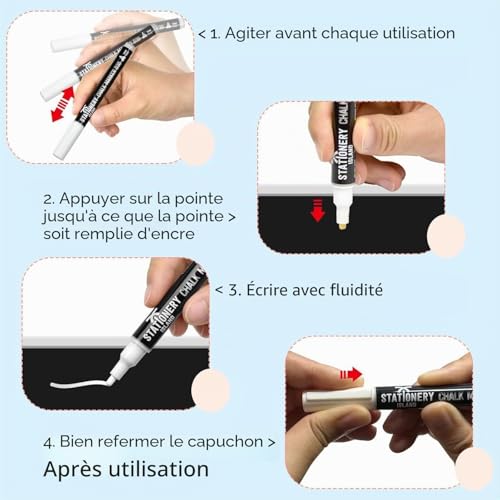 STATIONERY ISLAND Stylo Craie Pour Tableau Noir Effacable, Marqueur Craie Effacable, Feutre Craie pour le Verre Fenêtre, 3MM Lot de 4, Blanc – vue 3