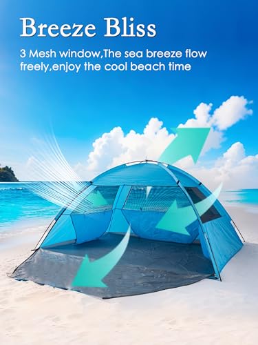 Easy Set-Up Beach Tent - UPF 50+ Sun Shelter for Family (2-3 Person), Portable Instant Sun Shade with 3 Mesh Windows, Windproof Stakes & Storage Pockets, for Beach, Camping, Picnics - Image 5