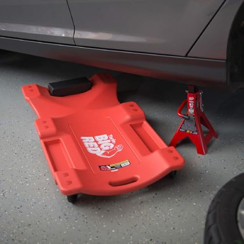 Image of Big RED Plastic Rolling Garage /Shop Creeper: Dual Tool Trays and 6 Casters, Red，40 inch Mechanic Cart with Padded Headrest