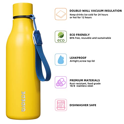 Image of BJPKPK Insulated Water Bottles, 18 oz Stainless Steel Metal Water Bottle with Strap, BPA Free Leak Proof Jugs, Mugs, Flasks, Reusable Thermal Flasks for Sports & Travel, Yellow