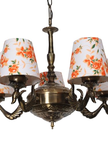 Image of Devansh 05-Light Printed Conical Multicolor Cotton Shade Chandelier - Antique Golden Finish | Adjustable Cord | Warm Glow Lamp - Ceiling Light for Living Room, Dining Area, BedroomDecor - D1