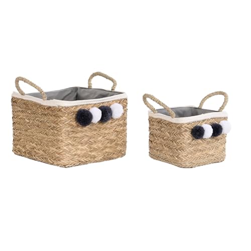 Panier coton 33x33x25 cm naturel avec pompon panier de rangement lot de 2