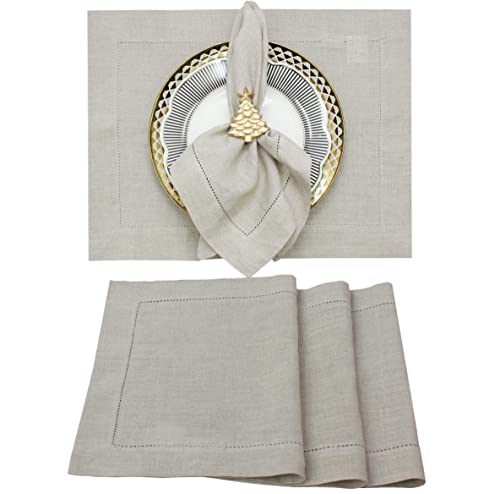 Linen Placemats with Hemstitch Detail - Set of 4 - Hand Crafted Pure Linen Fabric Tablemats - Everyday Casual Formal Holiday Dining Table Neutral Kitchen Decor - 14x19 - Natural - Cotton Craft