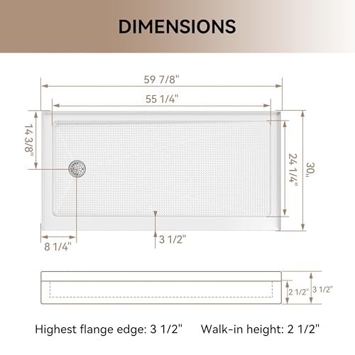 Image of HOROW 60 inch x 30 inch Shower Base, Left Drain Shower Pan, Low Profile Acrylic Base with Reinforced Fiberglass, Non-Slip Surface, Stainless Steel Drain Cover, Leak-Resistant for Bathroom