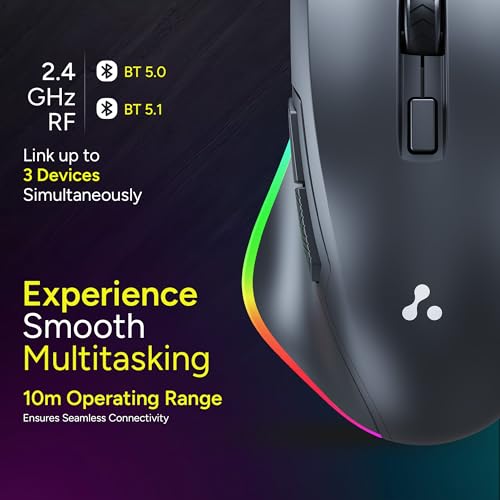 Image of Ambrane Wireless & Bluetooth Rechargeable Mouse with RGB Lights, High 2400 DPI for Gaming, 6 Buttons, Ergonomic Comfort Design, Connects 3 Devices, Silent Click, 15 Days Battery (Sliq Glow+, Black)